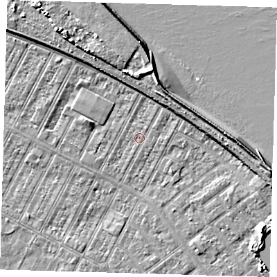 Shaded relief map of the ground around DN357QB, computed from Environment Agency LiDAR. The ground here sits at about 3 m above sea level and falls 10 m across the surrounding 800 m. Surface water reaching this point runs off ground lying to the north, 5.4 m higher.