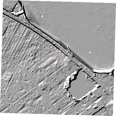Shaded relief map of the ground around DN357QJ, computed from Environment Agency LiDAR. The ground here sits at about 4 m above sea level and falls 11 m across the surrounding 800 m. Surface water reaching this point runs off ground lying to the east, 2.9 m higher.