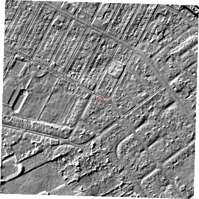Shaded relief map of the ground around DN357QZ, computed from Environment Agency LiDAR. The ground here sits at about 3 m above sea level and falls 7 m across the surrounding 800 m. The ground contributing surface water to this point lies to the south-west.