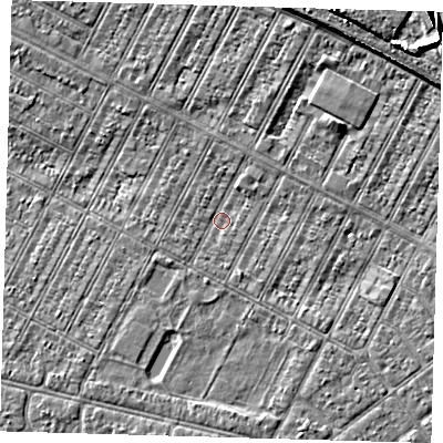 Shaded relief map of the ground around DN357RH, computed from Environment Agency LiDAR. The ground here sits at about 2 m above sea level and falls 7 m across the surrounding 800 m. Surface water reaching this point runs off ground lying to the north-north-east, 6.5 m higher.