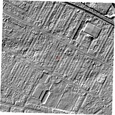 Shaded relief map of the ground around DN357RJ, computed from Environment Agency LiDAR. The ground here sits at about 2 m above sea level and falls 8 m across the surrounding 800 m. Surface water reaching this point runs off ground lying to the south, 2.3 m higher.