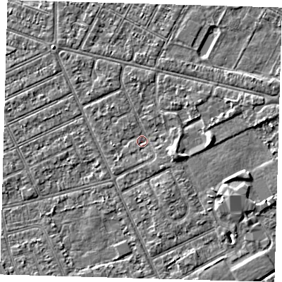 Shaded relief map of the ground around DN357SE, computed from Environment Agency LiDAR. The ground here sits at about 2 m above sea level and falls 3 m across the surrounding 800 m. Surface water reaching this point runs off ground lying to the east-south-east, 2.0 m higher.