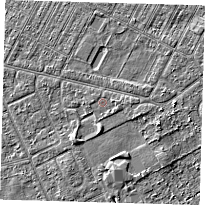 Shaded relief map of the ground around DN357SY, computed from Environment Agency LiDAR. The ground here sits at about 3 m above sea level and falls 4 m across the surrounding 800 m. Surface water reaching this point runs off ground lying to the east, 0.9 m higher.