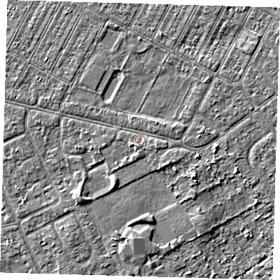 Shaded relief map of the ground around DN357SZ, computed from Environment Agency LiDAR. The ground here sits at about 4 m above sea level and falls 4 m across the surrounding 800 m. Surface water reaching this point runs off ground lying to the east-south-east, 1.1 m higher.