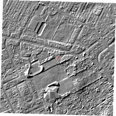 Shaded relief map of the ground around DN357TA, computed from Environment Agency LiDAR. The ground here sits at about 4 m above sea level and falls 4 m across the surrounding 800 m. Surface water reaching this point runs off ground lying to the south-east, 1.0 m higher.