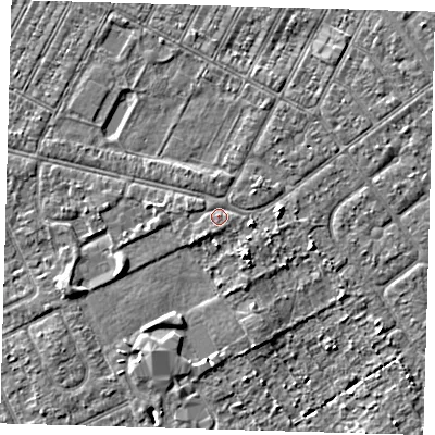 Shaded relief map of the ground around DN357TB, computed from Environment Agency LiDAR. The ground here sits at about 4 m above sea level and falls 4 m across the surrounding 800 m. Surface water reaching this point runs off ground lying to the south-west, 1.6 m higher.