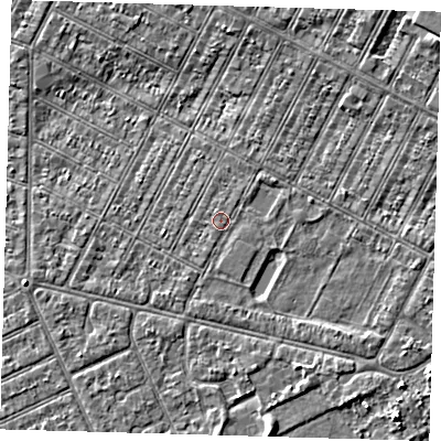 Shaded relief map of the ground around DN357TG, computed from Environment Agency LiDAR. The ground here sits at about 3 m above sea level and falls 4 m across the surrounding 800 m. The ground contributing surface water to this point lies to the south-south-west.