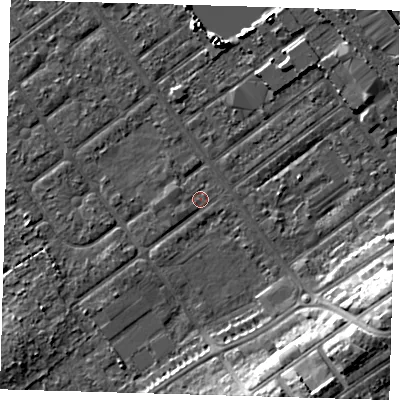 Shaded relief map of the ground around DN357TR, computed from Environment Agency LiDAR. The ground here sits at about 3 m above sea level and falls 11 m across the surrounding 800 m. Surface water reaching this point runs off ground lying to the south-south-east, 9.5 m higher.