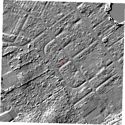 Shaded relief map of the ground around DN357UF, computed from Environment Agency LiDAR. The ground here sits at about 3 m above sea level and falls 4 m across the surrounding 800 m. Surface water reaching this point runs off ground lying to the west, 3.1 m higher.