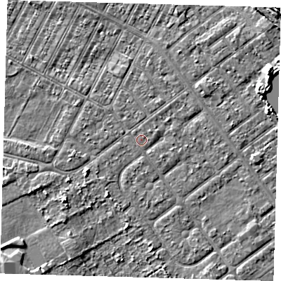 Shaded relief map of the ground around DN357UN, computed from Environment Agency LiDAR. The ground here sits at about 3 m above sea level and falls 6 m across the surrounding 800 m. The ground contributing surface water to this point lies to the north-east.