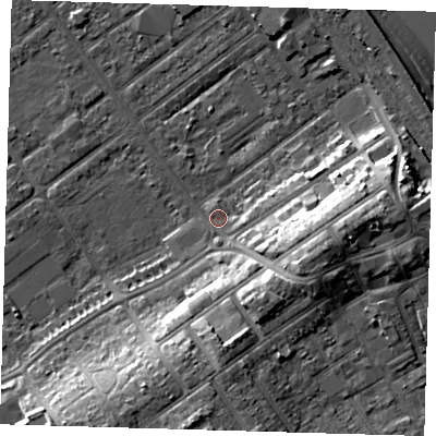 Shaded relief map of the ground around DN358AN, computed from Environment Agency LiDAR. The ground here sits at about 4 m above sea level and falls 13 m across the surrounding 800 m. Surface water reaching this point runs off ground lying to the east-south-east, 10.4 m higher.