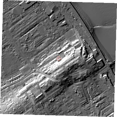 Shaded relief map of the ground around DN358AW, computed from Environment Agency LiDAR. The ground here sits at about 7 m above sea level and falls 14 m across the surrounding 800 m. Surface water reaching this point runs off ground lying to the south-east, 6.7 m higher.