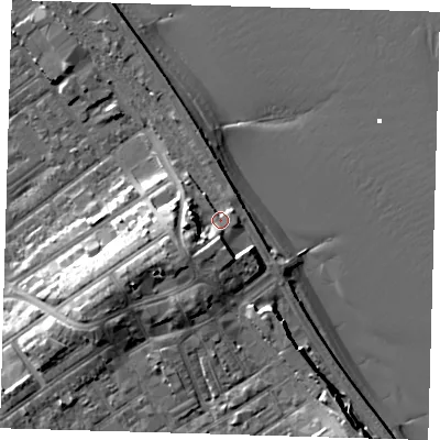 Shaded relief map of the ground around DN358AX, computed from Environment Agency LiDAR. The ground here sits at about 7 m above sea level and falls 15 m across the surrounding 800 m. Surface water reaching this point runs off ground lying to the south-west, 7.0 m higher.