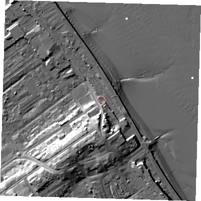 Shaded relief map of the ground around DN358AY, computed from Environment Agency LiDAR. The ground here sits at about 6 m above sea level and falls 15 m across the surrounding 800 m. Surface water reaching this point runs off ground lying to the south, 7.4 m higher.