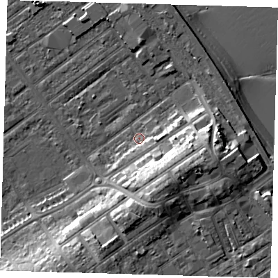 Shaded relief map of the ground around DN358BJ, computed from Environment Agency LiDAR. The ground here sits at about 4 m above sea level and falls 14 m across the surrounding 800 m. Surface water reaching this point runs off ground lying to the south-east, 9.3 m higher.