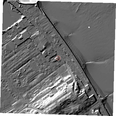 Shaded relief map of the ground around DN358BT, computed from Environment Agency LiDAR. The ground here sits at about 4 m above sea level and falls 15 m across the surrounding 800 m. Surface water reaching this point runs off ground lying to the north, 2.4 m higher.