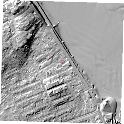 Shaded relief map of the ground around DN358QN, computed from Environment Agency LiDAR. The ground here sits at about 6 m above sea level and falls 14 m across the surrounding 800 m. Surface water reaching this point runs off ground lying to the north-west, 9.4 m higher.