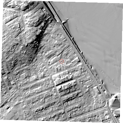 Shaded relief map of the ground around DN358QP, computed from Environment Agency LiDAR. The ground here sits at about 6 m above sea level and falls 14 m across the surrounding 800 m. Surface water reaching this point runs off ground lying to the south-west, 1.5 m higher.