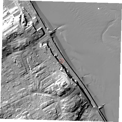 Shaded relief map of the ground around DN358SE, computed from Environment Agency LiDAR. The ground here sits at about 6 m above sea level and falls 16 m across the surrounding 800 m. Surface water reaching this point runs off ground lying to the south-south-west, 5.2 m higher.