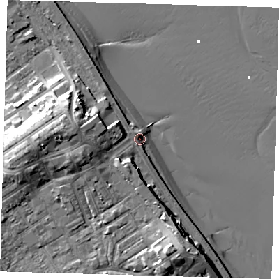 Shaded relief map of the ground around DN358SF, computed from Environment Agency LiDAR. The ground here sits at about 5 m above sea level and falls 16 m across the surrounding 800 m. Surface water reaching this point runs off ground lying to the south-south-east, 12.7 m higher.
