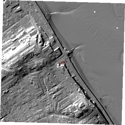 Shaded relief map of the ground around DN358SG, computed from Environment Agency LiDAR. The ground here sits at about 7 m above sea level and falls 16 m across the surrounding 800 m. Surface water reaching this point runs off ground lying to the south, 4.5 m higher.