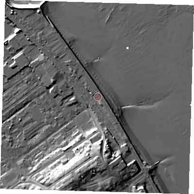 Shaded relief map of the ground around DN358SJ, computed from Environment Agency LiDAR. The ground here sits at about 5 m above sea level and falls 15 m across the surrounding 800 m. Surface water reaching this point runs off ground lying to the south-south-east, 1.2 m higher.