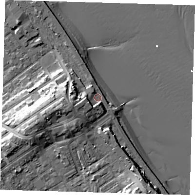 Shaded relief map of the ground around DN358SQ, computed from Environment Agency LiDAR. The ground here sits at about 6 m above sea level and falls 16 m across the surrounding 800 m. Surface water reaching this point runs off ground lying to the west-south-west, 7.7 m higher.