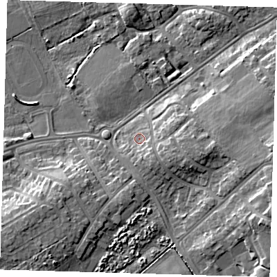 Shaded relief map of the ground around DN359LH, computed from Environment Agency LiDAR. The ground here sits at about 5 m above sea level and falls 10 m across the surrounding 800 m. Surface water reaching this point runs off ground lying to the south-east, 3.3 m higher.