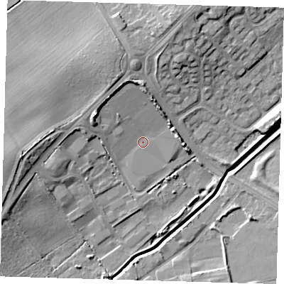Shaded relief map of the ground around DN359QR, computed from Environment Agency LiDAR. The ground here sits at about 6 m above sea level and falls 13 m across the surrounding 800 m. Surface water reaching this point runs off ground lying to the west-north-west, 6.9 m higher.