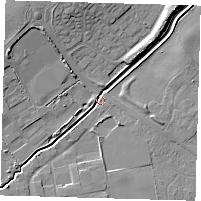 Shaded relief map of the ground around DN364AH, computed from Environment Agency LiDAR. The ground here sits at about 4 m above sea level and falls 11 m across the surrounding 800 m. Surface water reaching this point runs off ground lying to the south, 5.5 m higher.