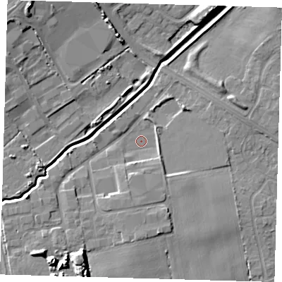 Shaded relief map of the ground around DN364BJ, computed from Environment Agency LiDAR. The ground here sits at about 4 m above sea level and falls 11 m across the surrounding 800 m. Surface water reaching this point runs off ground lying to the south, 3.8 m higher.