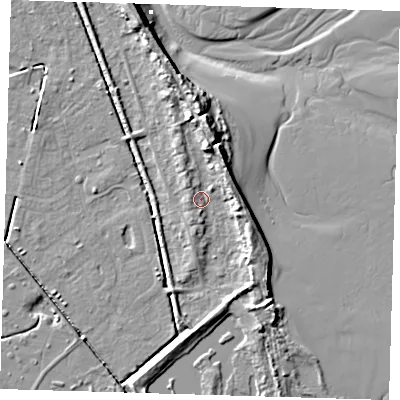 Shaded relief map of the ground around DN364HD, computed from Environment Agency LiDAR. The ground here sits at about 4 m above sea level and falls 11 m across the surrounding 800 m. Surface water reaching this point runs off ground lying to the north, 6.2 m higher.