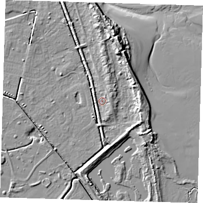 Shaded relief map of the ground around DN364HE, computed from Environment Agency LiDAR. The ground here sits at about 4 m above sea level and falls 11 m across the surrounding 800 m. Surface water reaching this point runs off ground lying to the north-north-east, 6.6 m higher.