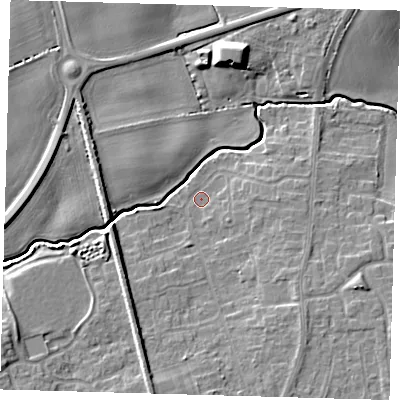 Shaded relief map of the ground around DN364LP, computed from Environment Agency LiDAR. The ground here sits at about 8 m above sea level and falls 10 m across the surrounding 800 m. Surface water reaching this point runs off ground lying to the south-south-west, 4.7 m higher.