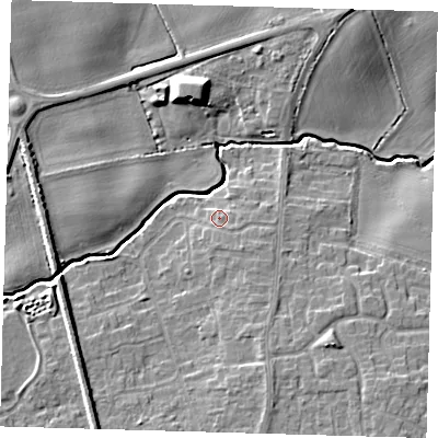 Shaded relief map of the ground around DN364LT, computed from Environment Agency LiDAR. The ground here sits at about 9 m above sea level and falls 9 m across the surrounding 800 m. Surface water reaching this point runs off ground lying to the south-south-east, 1.1 m higher.