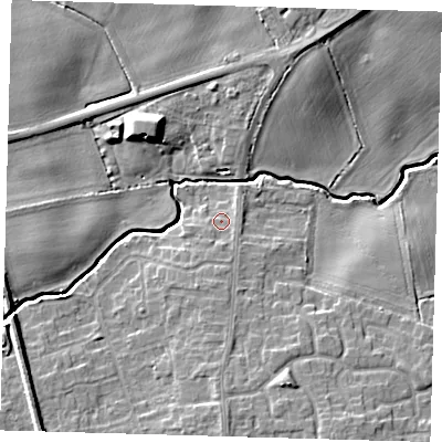 Shaded relief map of the ground around DN364LU, computed from Environment Agency LiDAR. The ground here sits at about 8 m above sea level and falls 10 m across the surrounding 800 m. Surface water reaching this point runs off ground lying to the south, 1.7 m higher.