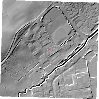 Shaded relief map of the ground around DN364RJ, computed from Environment Agency LiDAR. The ground here sits at about 5 m above sea level and falls 13 m across the surrounding 800 m. Surface water reaching this point runs off ground lying to the north-west, 2.4 m higher.