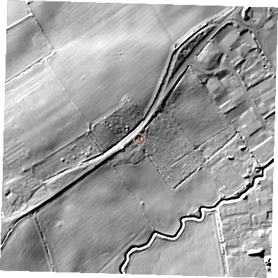 Shaded relief map of the ground around DN364RS, computed from Environment Agency LiDAR. The ground here sits at about 10 m above sea level and falls 13 m across the surrounding 800 m. Surface water reaching this point runs off ground lying to the west-north-west, 6.3 m higher.