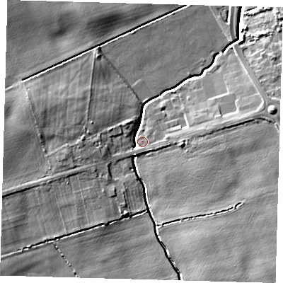 Shaded relief map of the ground around DN364RZ, computed from Environment Agency LiDAR. The ground here sits at about 12 m above sea level and falls 10 m across the surrounding 800 m. Surface water reaching this point runs off ground lying to the west, 6.6 m higher.