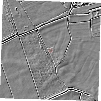 Shaded relief map of the ground around DN365FL, computed from Environment Agency LiDAR. The ground here sits at about 2 m above sea level and falls 4 m across the surrounding 800 m. Surface water reaching this point runs off ground lying to the south-east, 2.1 m higher.