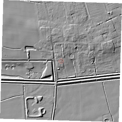 Shaded relief map of the ground around DN365FZ, computed from Environment Agency LiDAR. The ground here sits at about 5 m above sea level and falls 8 m across the surrounding 800 m. Surface water reaching this point runs off ground lying to the north, 3.0 m higher.