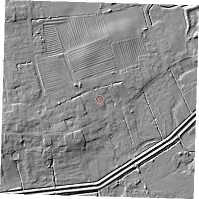 Shaded relief map of the ground around DN365GA, computed from Environment Agency LiDAR. The ground here sits at about 4 m above sea level and falls 7 m across the surrounding 800 m. Surface water reaching this point runs off ground lying to the west, 3.6 m higher.