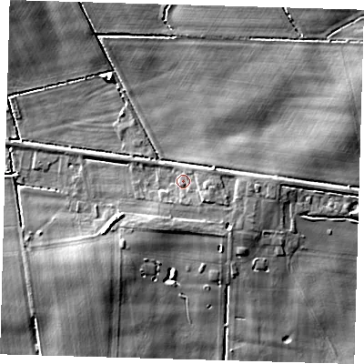 Shaded relief map of the ground around DN365HY, computed from Environment Agency LiDAR. The ground here sits at about 9 m above sea level and falls 6 m across the surrounding 800 m. Surface water reaching this point runs off ground lying to the east, 2.4 m higher.