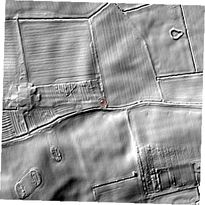 Shaded relief map of the ground around DN365JP, computed from Environment Agency LiDAR. The ground here sits at about 6 m above sea level and falls 11 m across the surrounding 800 m. Surface water reaching this point runs off ground lying to the west, 6.4 m higher.