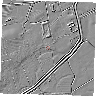 Shaded relief map of the ground around DN365JZ, computed from Environment Agency LiDAR. The ground here sits at about 4 m above sea level and falls 6 m across the surrounding 800 m. Surface water reaching this point runs off ground lying to the north-east, 4.9 m higher.