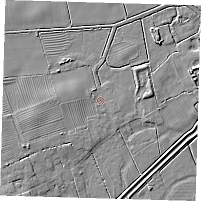Shaded relief map of the ground around DN365LB, computed from Environment Agency LiDAR. The ground here sits at about 3 m above sea level and falls 7 m across the surrounding 800 m. Surface water reaching this point runs off ground lying to the west-north-west, 1.0 m higher.
