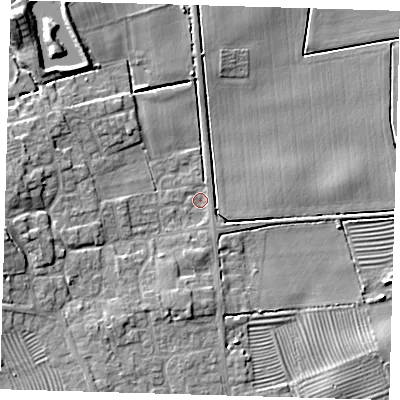 Shaded relief map of the ground around DN365LJ, computed from Environment Agency LiDAR. The ground here sits at about 4 m above sea level and falls 11 m across the surrounding 800 m. Surface water reaching this point runs off ground lying to the west, 6.5 m higher.