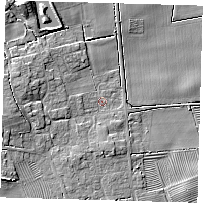 Shaded relief map of the ground around DN365NF, computed from Environment Agency LiDAR. The ground here sits at about 5 m above sea level and falls 11 m across the surrounding 800 m. Surface water reaching this point runs off ground lying to the west, 6.0 m higher.