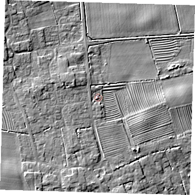 Shaded relief map of the ground around DN365NJ, computed from Environment Agency LiDAR. The ground here sits at about 5 m above sea level and falls 7 m across the surrounding 800 m. Surface water reaching this point runs off ground lying to the south-west, 2.1 m higher.