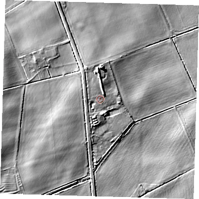 Shaded relief map of the ground around DN365NT, computed from Environment Agency LiDAR. The ground here sits at about 10 m above sea level and falls 12 m across the surrounding 800 m. Surface water reaching this point runs off ground lying to the north, 2.4 m higher.